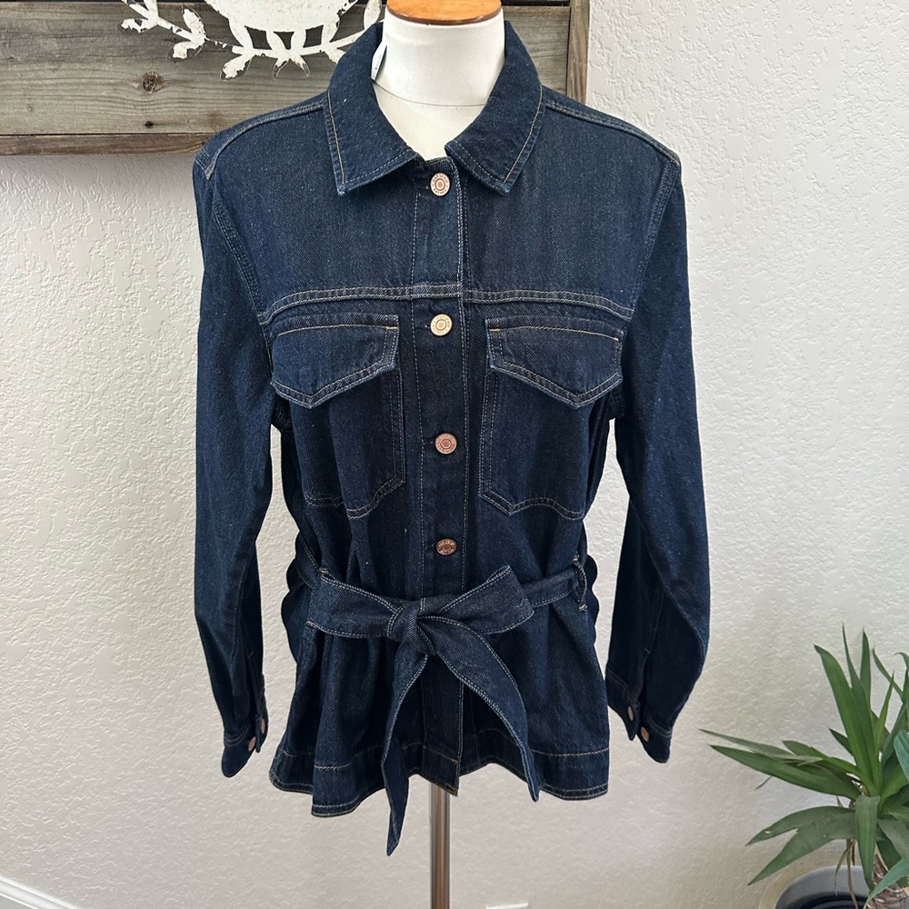 GAP Dark Blue‎ Ultrasoft Denim Belted Jacket size Large Petite NWT